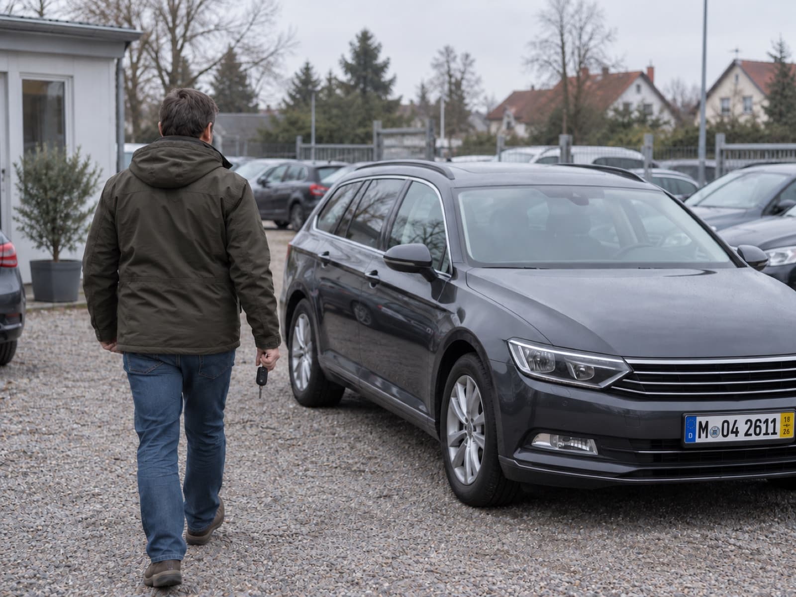 Gebrauchtwagen auf dem Hof eines Autohändlers, Käufer mit Schlüssel