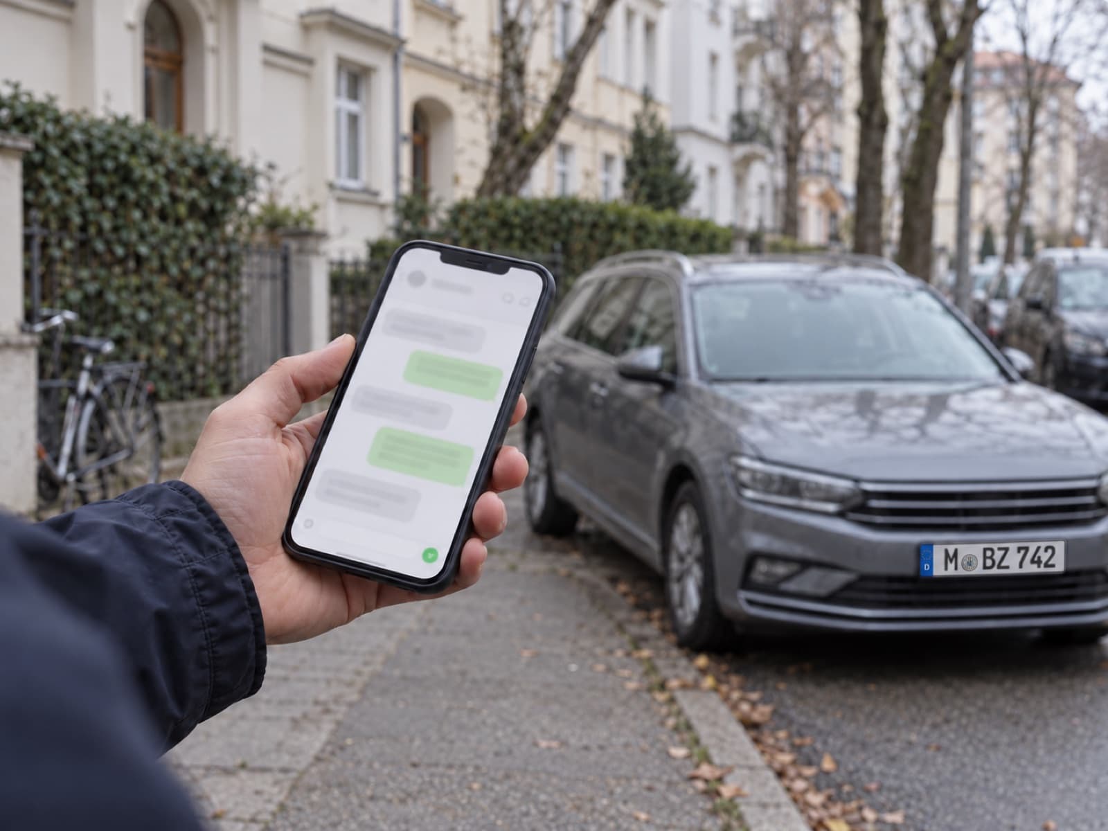 Smartphone mit Chat-Nachricht vor einem geparkten Auto