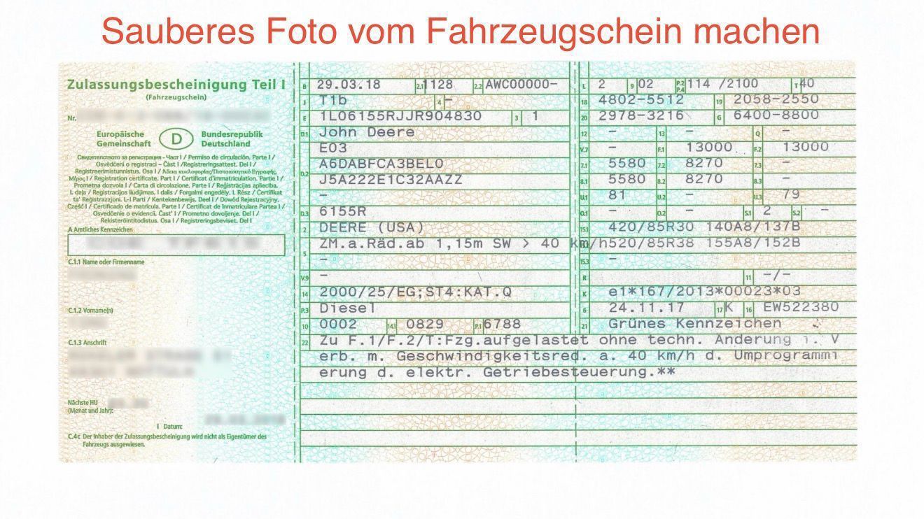 Beispiel: Zulassungsbescheinigung Teil I Vorderseite